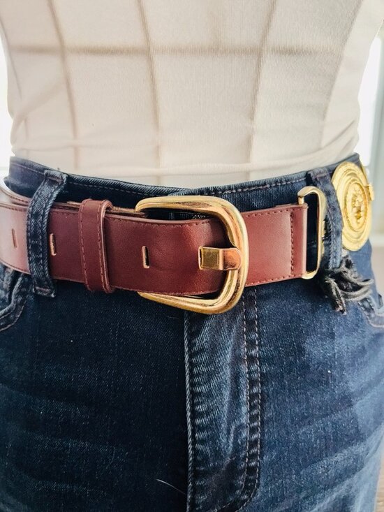 Asymmetrical Medallion Coin Belt Brown Leather Gold Statement Waist 33